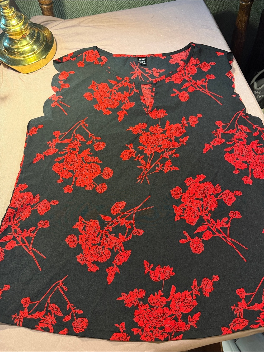 SHEIN Black Camisole with Red Floral Scalloped Sleeves